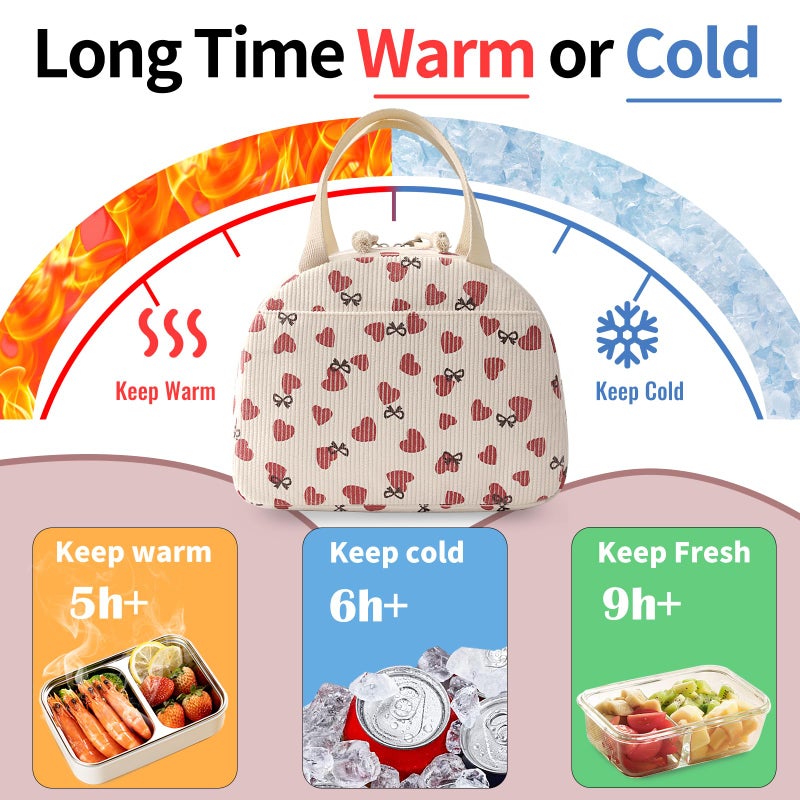 CaCTOUR Lunch Bag Lunch Box for Women Girls Teens  Cute Lunch Box Cooler Bag Portable Reusable Corduroy Insulated LunchBox for Work/Travel/Picnic/School (Love) - Image 4